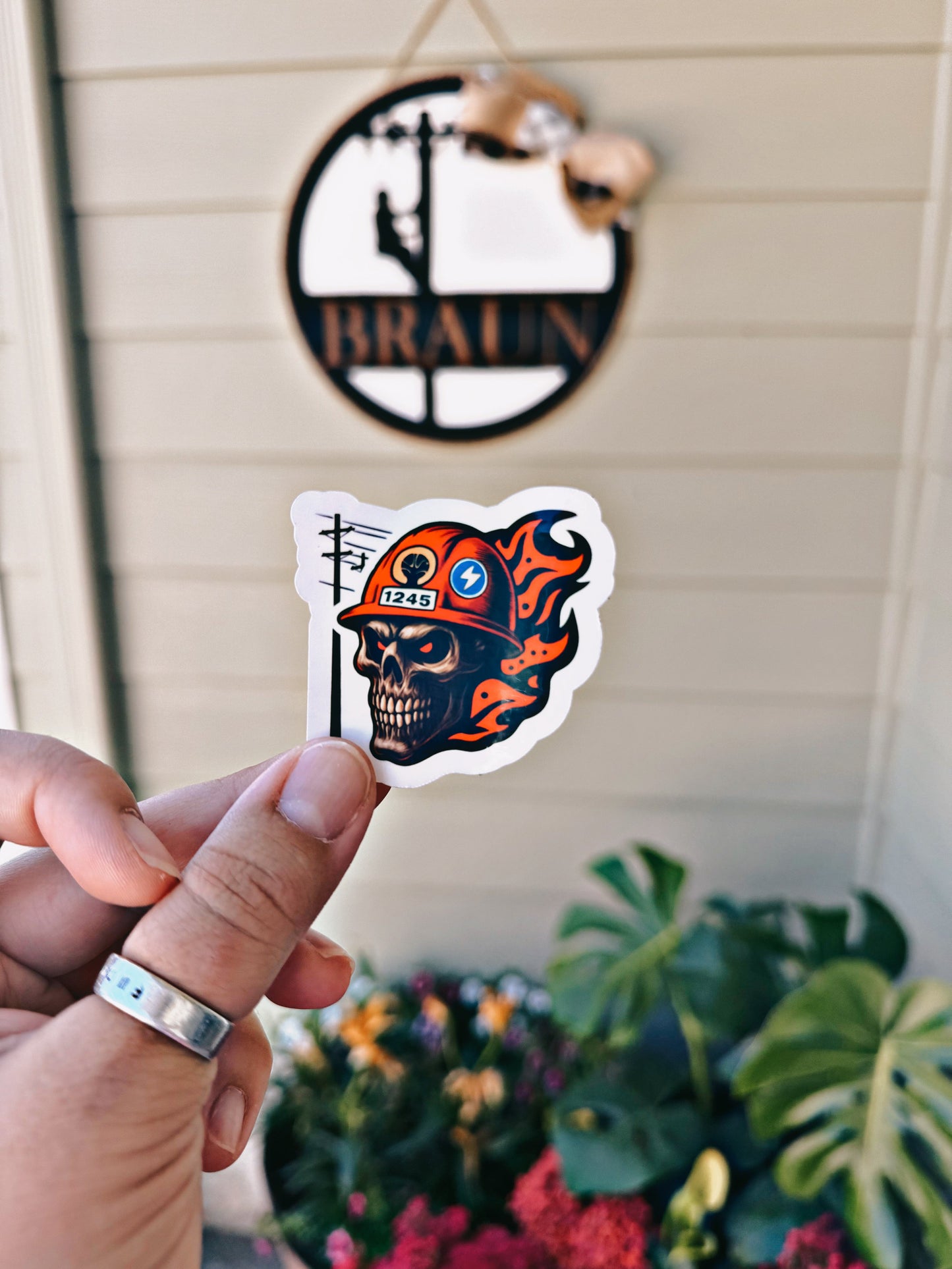 FIRE SKULL hard hat sticker Rustic Voltage Co