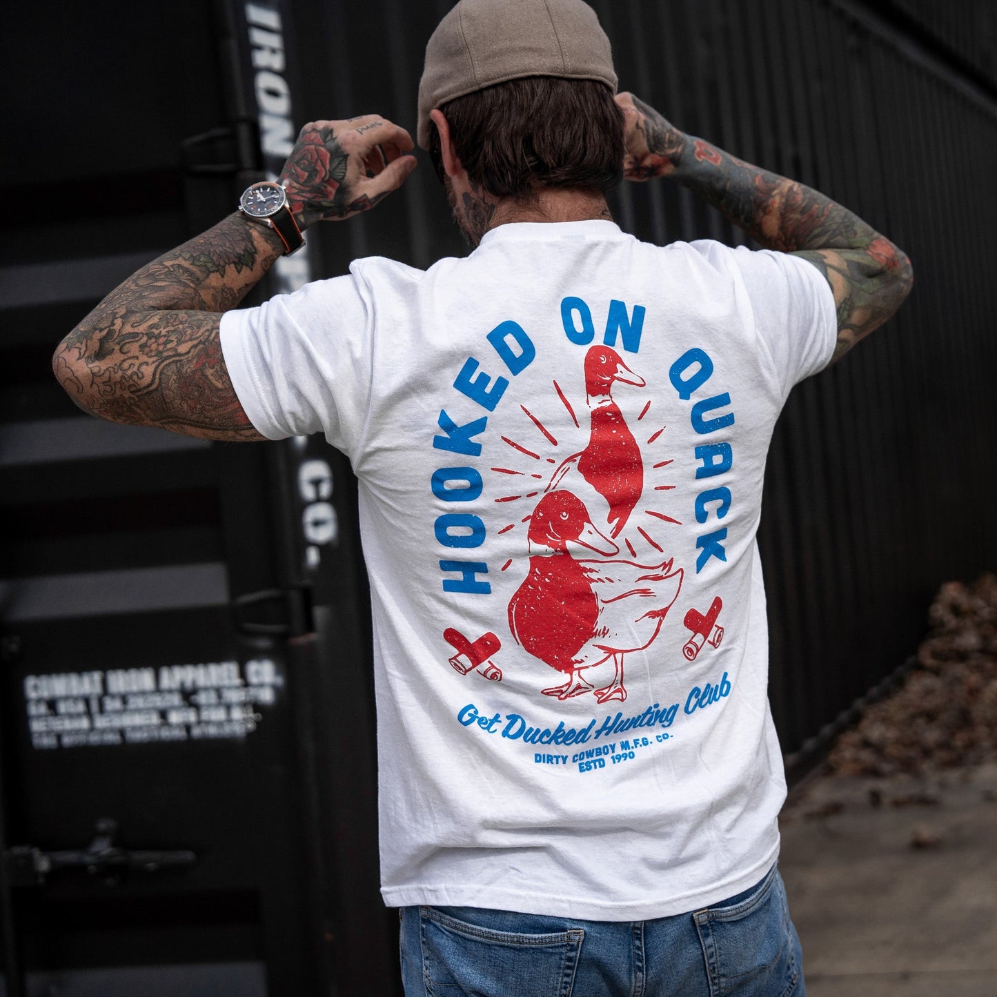 Hooked On Quack Duck Hunting Club Men's T-Shirt DIRTY COWBOY MFG